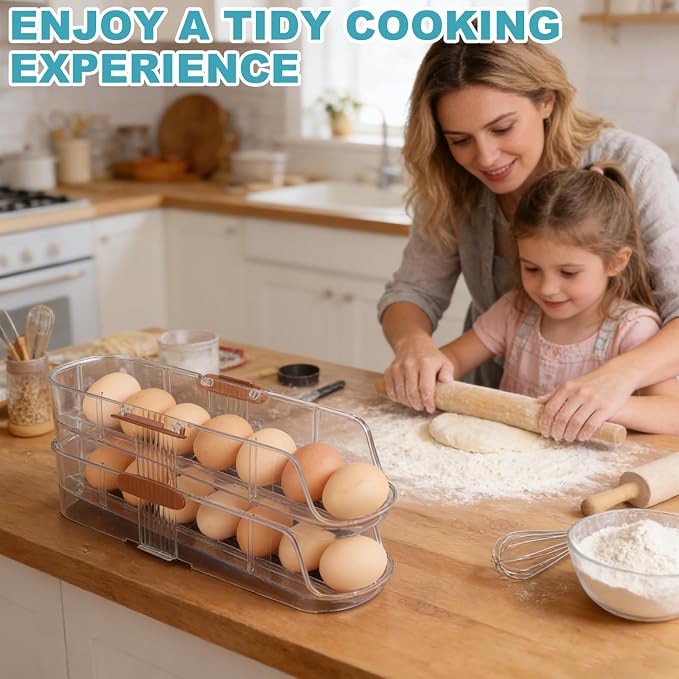 Egg Holder For Fridge, Container for Refrigerator, Single Column | With Lid And Handle, BPA-Free Detachable Tray, Timer Tracker, Automatic Rolling for Kitchen, Outdoor - Image 7