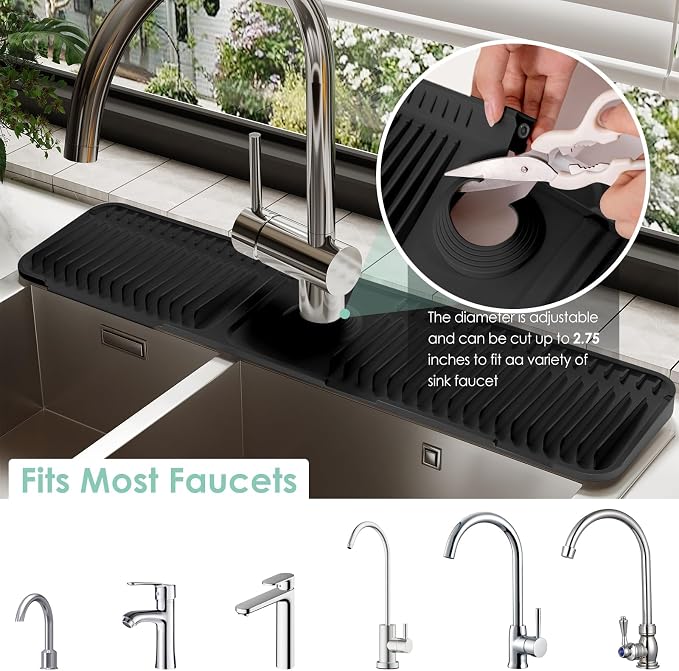 24-Inch Silicone Faucet Mat for Kitchen Sink Splash Guard, 7° Slope | 24"x5.5" water draining mat with fasten button; 1.6-2.75" customizable hole for bathroom, RV & kitchen sink drip catcher. - Image 3