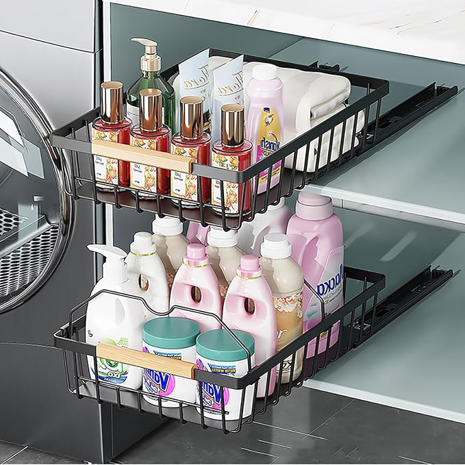 2-Pack Pull Out Cabinet Organizer, No-Drill Slide Out Drawer, Black | Heavy-duty carbon steel build, adhesive nano film mount, ideal for kitchen, pantry and bathroom cabinet storage - Image 2