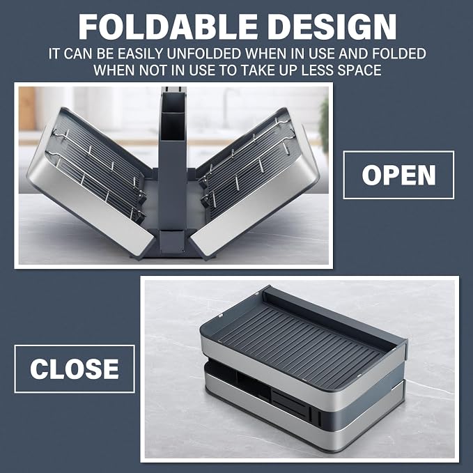 Foldable Dish Drying Rack with Removable Cutlery Holder | Stainless-Steel Dish Rack with Dual Parts, Space-Saving Dish Rack, Rustproof Utensil Drainer for Kitchen Counter, Gray/Steel - Image 5