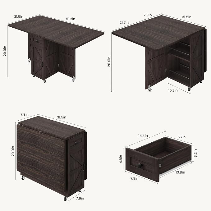Jocoevol Folding Dining Table for Small Spaces, Space Saving Foldable Kitchen Table with Drawer & 2-Tier Storage Shelf, Rolling Expandable Dining Table with Wheels, Farmhouse, Dark Walnut - Image 2