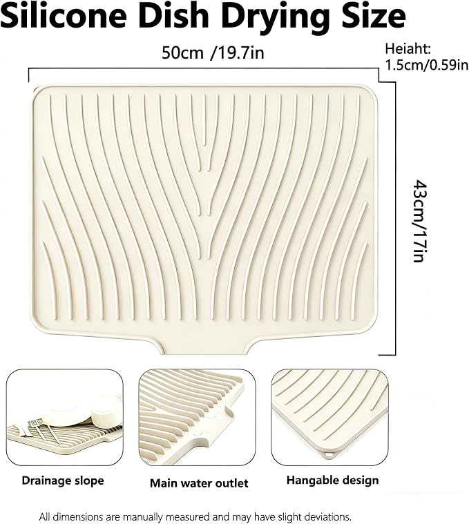 Silicone Dish Drying Mat,19.7"*17"Dish Drying Pad ,Kitchen Accessories,with Built-In and Non-Slip Drain,Easy Clean, Fit for Kitchen, Bar, RV, Refrigerator and Drawer Liner, Off White - Image 2