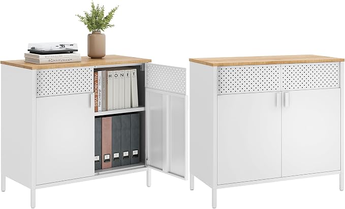 SONGMICS Set of 2 Storage Cabinets, Metal Cabinet, Sideboard with 2 Doors, 15.7 x 31.5 x 29.9 Inches, Magnetic Closure, Adjustable Shelf, Steel Frame, Natural Beige and White ULSC791W01 | Metal Cabinet, 15.7 x 31.5 x 29.9 Inches, Magnetic Closure, Adju... by Unknown
