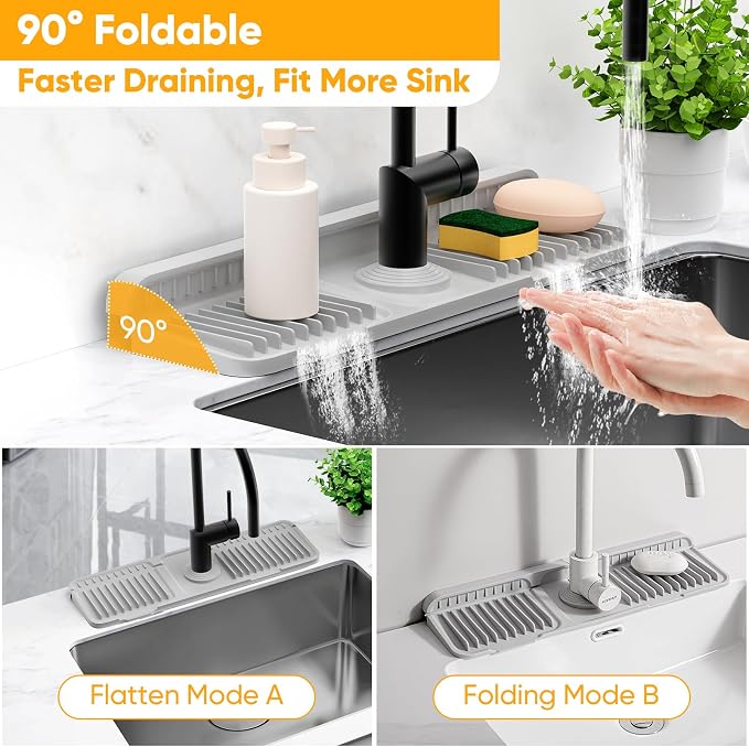 17.7'' Folding Faucet Mat for Kitchen Sink Splash Guard[7° Slope Fast Self-draining][Snap Lock Fit] Kitchen Sink Faucet Mat Splash Guard Kitchen Sink Area Water Splash Guard Behind Faucet Draining Mat - Image 6