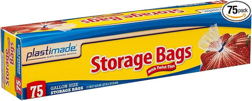 1 Gallon Storage Bags With Twist Ties, Clear Plastic, 75 Count | Roomy 11 x 12.5 in baggies for produce, snacks, freezer & pantry; flexible, tear resistant & easy to fill for meal prep by PlastiMade