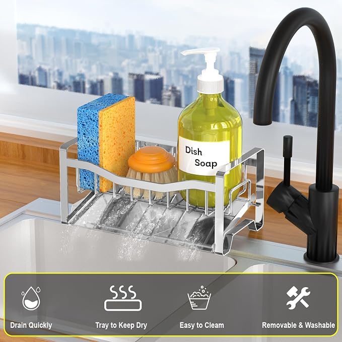Stainless Steel Kitchen Sink Caddy Organizer with Auto Drain Tray, Sponge Holder for Countertop Storage Silver - Image 3