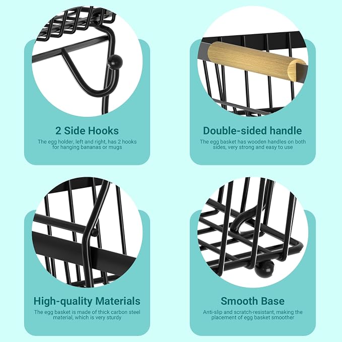 3 Tier Fruit Basket for Kitchen Counter with 2 Banana Hangers, Countertop Metal Fruit Bowl with Wooden Handle, Large Storage Stand for Vegetables, Snacks, Breads, Produce Storage – Black - Image 5