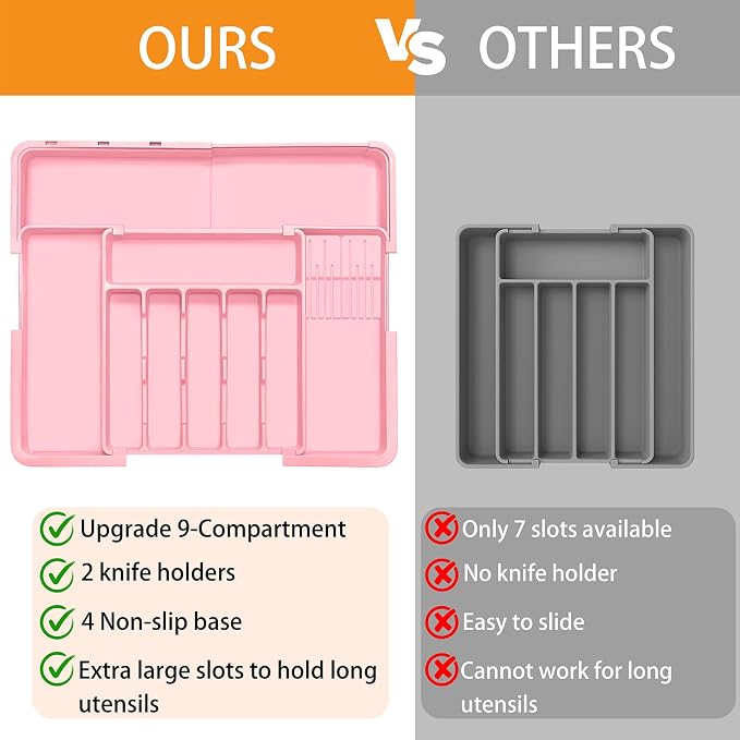 Silverware Organizer - Expandable Large Kitchen Drawer Organizer Utensil Organizer with 2 Knife Block Inserts, 22"x 19"Cutlery Tray with Drawer Dividers for Kitchen Flatware (Pink) - Image 4