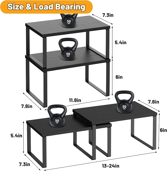Kitchen Cabinet Organizer Shelf Set of 4, Sturdy Kitchen Counter Shelves with Metal Legs, Stackable Expandable Wood Spice Rack Pantry Cupboard Dish Mug Cup Storage Organizer Shelf, Black - Image 5