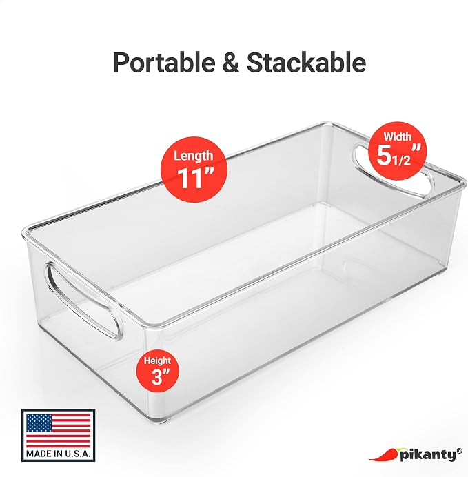 Pikanty Clear Refrigerator Organizer Bin with Handles — 11 Inch Compact Stackable Fridge and Pantry Storage Container for Snacks, Yogurt, Condiments, Dishwasher Safe, Made in USA - Image 2