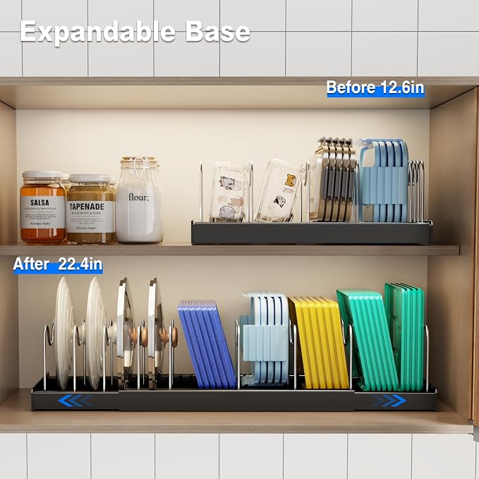 Mustorn Pots and Pans Organizer Under Cabinet, 22" Expandable Food Storage Container Lid Organizers with 9 Adjustable Dividers Pot and Pan Lid Holders Rack Inside Cabinet/Countertop(1 Pack, Black) - Image 3