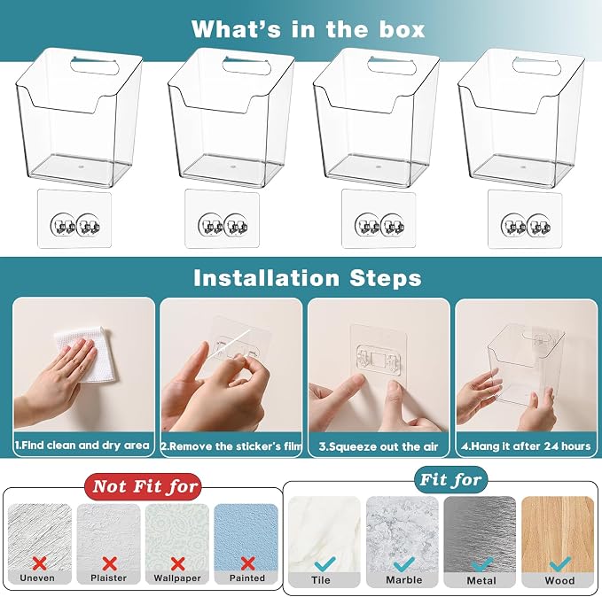 Clear Cabinet Door Organizer Bathroom, 4 Pack Hanging Makeup Storage Brush Holder, Adhesive Storage Bin Versatile Vertical Wall Mount Caddy for Pantry Office Kids' Room Small Items Organization - Image 7