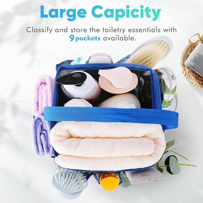 EUDELE Mesh Shower Caddy Portable for College Dorm Room Essentials,Shower Caddy Dorm with 9-Pocket Large Capacity for Beach,Swimming,Gym,Travel essentials, Blue - Image 4