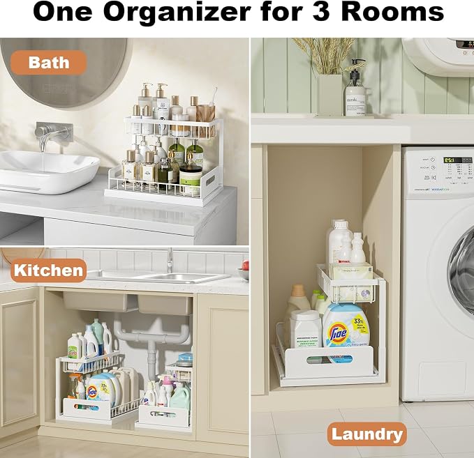Under Sink Organizer, L-Shaped 2 Tier Pull Out Cabinet Organizer | Slide Out Sink Shelf Cabinet Storage Shelves, Under Sink Storage for Kitchen Bathroom Cabinet, White, 1 Pack - Image 3