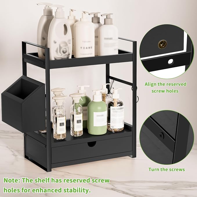 2-Tier Bathroom Counter Organizer, Wooden Vanity Shelf with Drawer & Basket | Pre-Drilled Holes, Skincare & Makeup Countertop Organizer and storage, Black - Image 4