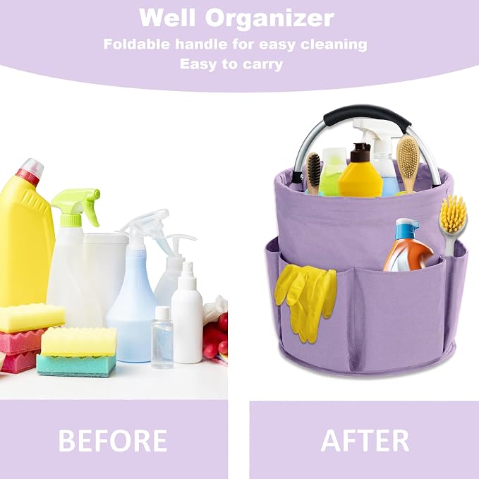 17L Cleaning Caddy with Handle, Cleaning Supplies Organizer, Foldable Storage Basket, Cleaning Supply Caddy, Portable Multi Cleaning Bucket Bag for Home, Garden (Purple) - Image 2
