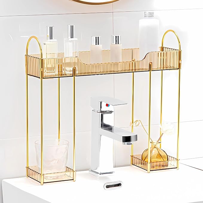 YCIA&DONE Bathroom Countertop Organizer Over The Faucet, Narrow Counter Organizers Above Sink, Table Mounted Faucet Sink Shelf for Kitchen, Toilet, Laundry(Amber Gold) by YCIADONE