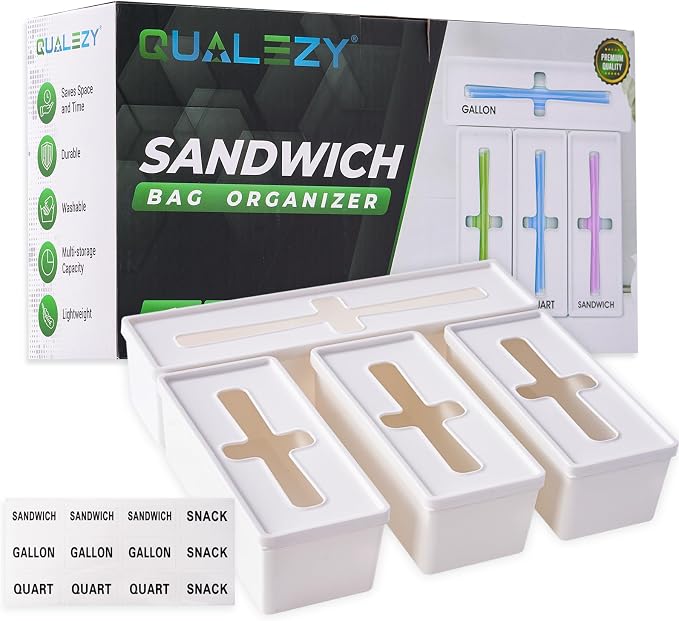 Storage Bag Organizer for Kitchen- Baggie Drawer Organizer & Plastic Food Storage Bags Holder- Compatible with Gallon, Quart, Sandwich, Snack Bags, Freezer, Slider Bags-4 Separate Pieces White by Qualezy