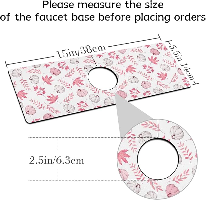 Fall Kitchen Sink Splash Guard Faucet Mat,Pink Maple Leaf Pumpkin Autumn Thanksgiving Faucet Non-Slip Absorbent Mat,Farmhouse Sink Splash Guard Behind Faucet for Kitchen Bathroom, 15"x5.5" - Image 2