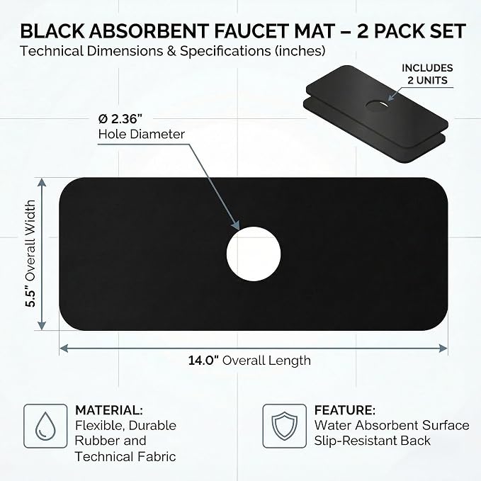 Absorbent Kitchen Sink Faucet Mat: 2PCS 14"Lx5.5"W Small Splash Guard for Compact Sink - Fits Irregular Sink with 2, 3 holes, Soap Dispenser & Air Gap - Cuttable Drip Catcher for Bathroom RV Bar - Image 2