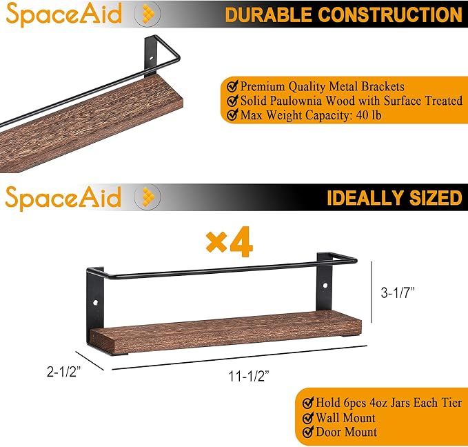SpaceAid Spice Rack Organizer for Cabinet Door or Wall Mount (4 Pack) with 415 Spice Labels - Wood Hanging Seasoning Shelf for Cupboard Pantry or over the Stove - Image 6
