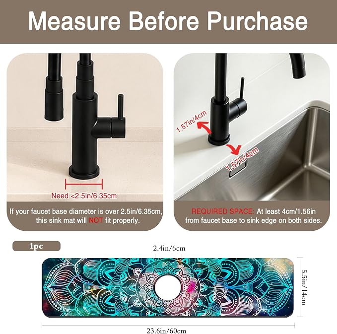 Kitchen Faucet Mat Galaxy Mandala Geometric Star Field Sink Splash Guard Behind Faucet Draining Mat Kitchen Accessories Non-slip Easy to Clean for Bathroom & Kitchen 24"X5.5" - Image 2