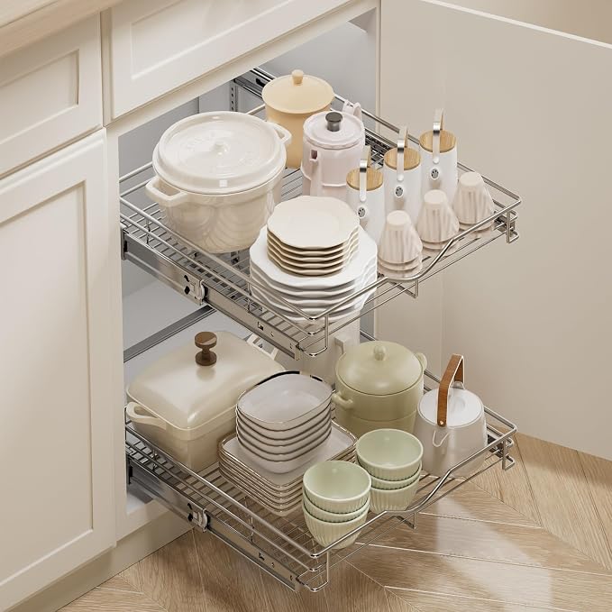 DINDON Pull Out Cabinet Organizer (14" W X 21" D), Cabinet Pull Out Shelves, 2 Tier Pull Out Drawers for Kitchen Cabinets, Wire Basket Slide Out Shelf for Cabinet Organization ​in Kitchen, Pantry - Image 2