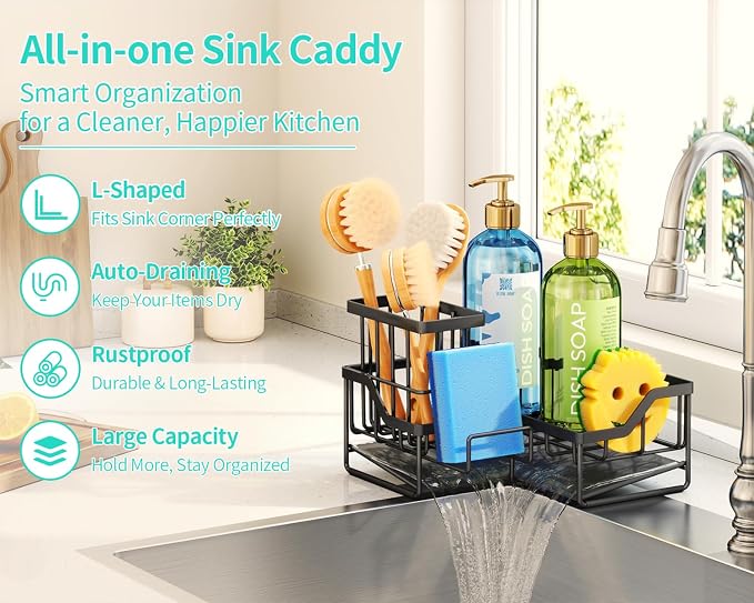 HapiRm Sponge Holder for Kitchen Sink - Rustproof L-Shaped Sink Caddy | Stainless Steel Kitchen Organizer for Sink Corner, Self-Draining 3-in-1 Dish Brush and Sponge Storage, Space-Saving - Black - Image 2