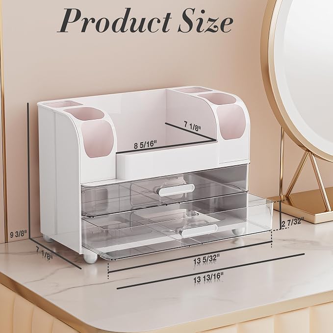 Delamu Large Makeup Organizer Countertop with 6 Brush Holders, White | Vanity Organizer with 2 Drawers, Gift for Women & Girls, Holds Perfume, Skincare, Lipstick, Nail Polish & Hair Accessories - Image 3