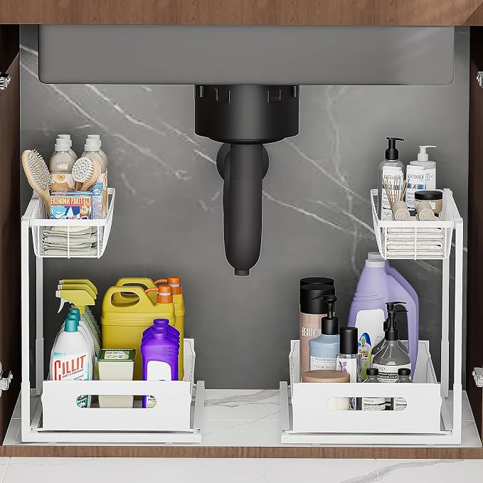 Ceetug Slide Out Under Sink Organizers and Storage, White, 2 Pack | 2 Tier, Sturdy Metal, Cabinet Organizer, for Kitchen Bathroom by ceetug
