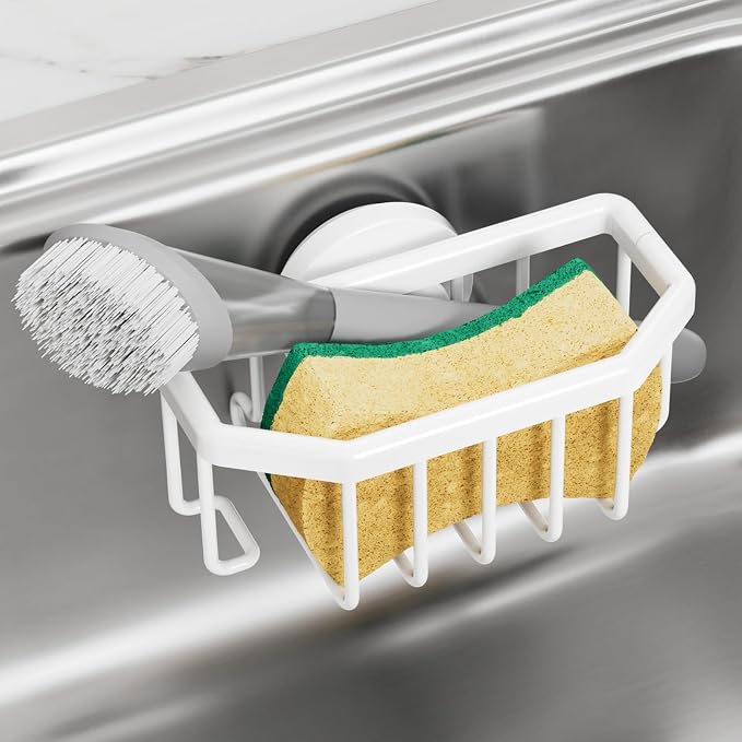 TAILI Sponge Holder for Kitchen Sink with Suction Cup-White, Aluminum | Rustproof Aluminum Sink Caddy for Sponges,Brushes,Stoppers & Scrapers,Removable Ventilated Quick-dry Design, holds Up 11lbs by TAILI