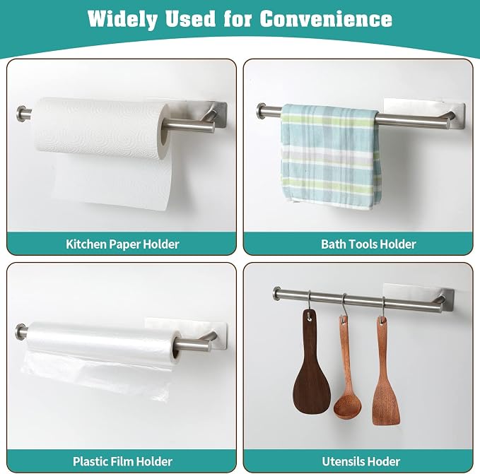 theaoo Under Cabinet Paper Towel Holder for Kitchen, Wall Mount, Silver | Adhesive Paper Towel Roll Rack for Bathroom or Kitchen, SUS304 Stainless Steel, Self-Adhesive or Screw Installation - Image 5