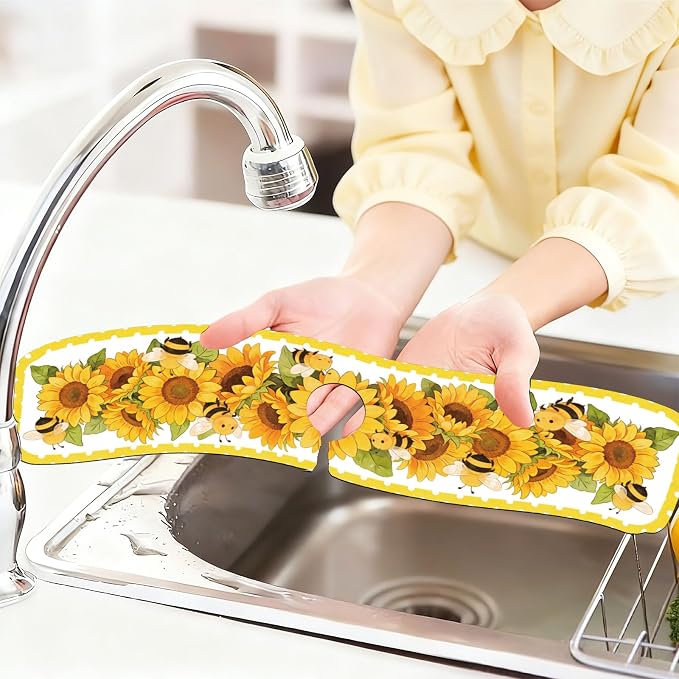 2 Pcs Kitchen Sink Splash Guard Faucet Mat Sunflower Faucet Mat for Sinks Bee Pattern Absorbing Drying Mat for Kitchen Bathroom, 23.6x5.5inch - Image 6