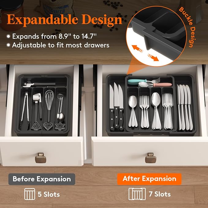Lifewit Silverware Drawer Organizer, Expandable Utensil Tray | BPA Free Flatware Cutlery Holder for Kitchen, Adjustable Plastic Storage for Spoons Forks Knives, 8.9-14.7 x 12.2, Black - Image 2