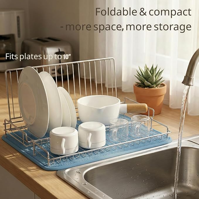 Collapsible Dish Drying Rack, Foldable Dishes Rack for RV Travel Trailer | JM.JEEMI Folding & Camping Dish Drainer with Absorbent Mat, Compact Space Saving Kitchen Organizer, Stainless Steel, Silver - Image 2