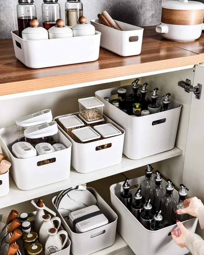 Set Of 4 Plastic Storage Bins,13.8×10×3.3 inch Versatile Kitchen Pantry Organization and Storage,for Plastic Storage Container Under Bed,Under Sink Bathroom Organizer (White, 4 XM) - Image 3
