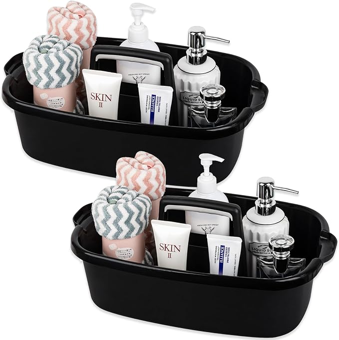 Large Cleaning Supplies Caddy Portable Shower Caddy Basket Black 2 Pack | Sturdy Supply Organizer with Handle Plastic Bucket Tool Storage for Bathroom Bedroom Kitchen Garden College Dorm Essentials by JiatuA