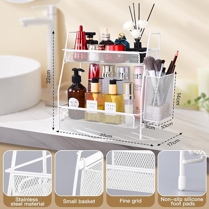 Countertop organizer for bathroom counter, bathroom organizers and storage, spice rack organizer for kitchen counter shelf with small basket(White) - Image 3