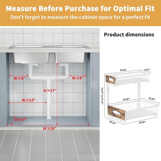 2 Pack Reinforced Metal Under Sink Organizer with Sliding Drawer, L-Shaped Adjustable Height Pull Out Cabinet Organizer with Wooden Handle, Under Bathroom Sink Storage for Kitchen, Pantry, White - Image 7