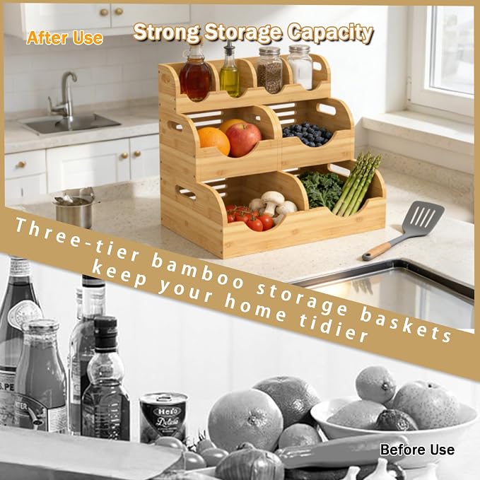 Potato and Onion Storage Bin, Made of bamboo, With 2 banana hooks | With 2 Banana Hangers,Stackable Potato and Onion Storage Bin with Airflow Vent,Vegetable Storage,for Kitchen Countertop - Image 6