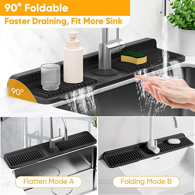 24'' Longer Faucet Mat for Kitchen Sink Splash Guard[7° Slope Fast Self-draining][Snap Lock Fit]Kitchen Sink Faucet Mat Splash Guard Kitchen Sink Area Water Splash Guard Behind Faucet Draining Mat - Image 6