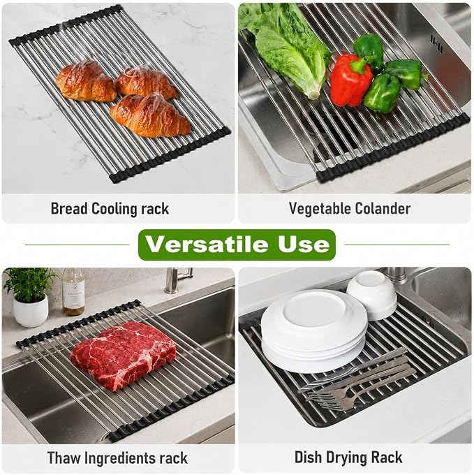 CHIRISEN Expandable Roll Up Dish Drying Rack Over the Sink Drying Rack for Kitchen Counter, Large Stainless Steel Dish Drainer Over Sink Dish Drying Rack Foldable, Collapsible, 21.14''x12'', 18Tube - Image 3