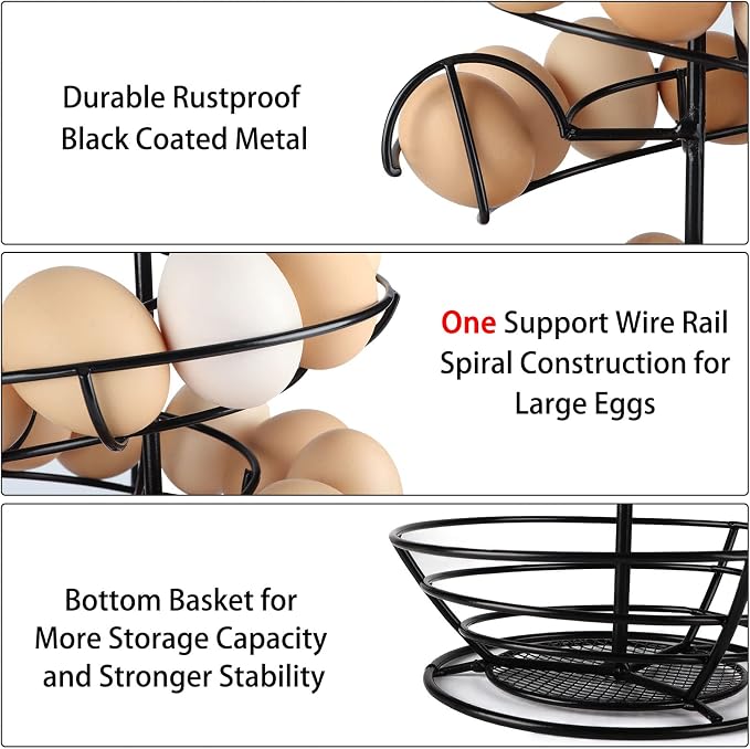 QUTREY Black Metal Egg Skelter with Storage Basket, Spiral Design Egg Holder for Large Egg for Countertop, Kitchen - Image 4