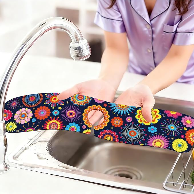 2 Pcs Kitchen Sink Splash Guard Faucet Mat Brilliant Floral Textures Faucet Mat for Sinks Flowers Pattern Absorbing Drying Mats for Kitchen Bathroom, 23.6x5.5inch - Image 6