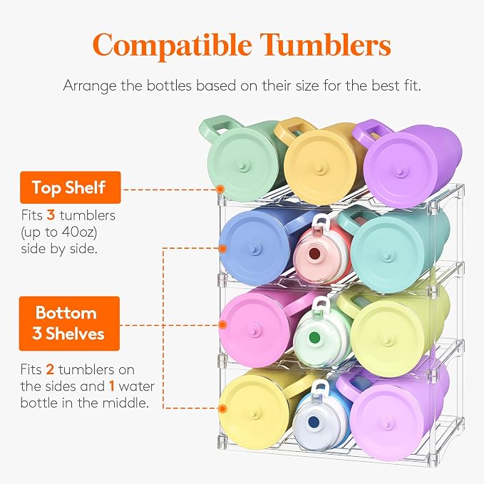 Lifewit Stackable Bottle Storage Organizer, Clear Freestanding Wine Holder for Cabinet, Large Slot Water Bottle Tumbler Cup Organizer for Pantry, Plastic Wine Rack for Fridge Cellar, 4Tier Hold 12 - Image 4