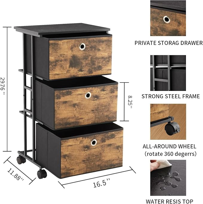 MAX Houser Dresser Storage with 3 Drawers, Fabric Tower Nightstand, Chest of Drawers,Vertical Storage Unit Organizer for Closets,Bedroom,Dorm, Wood Top, Rustic Brown Wood Grain Print - Image 3