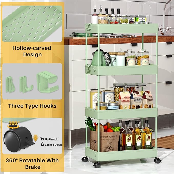 SPACEKEEPER 4 Tier Rolling Cart, Bathroom Cart Organizer with Wheels, Green | Mobile Storage Cart for Laundry Room Organization,Kitchen,Office,Bathroom, Utility Cart for Snack,Craft,Art,Makeup,Nail,Toys - Image 7