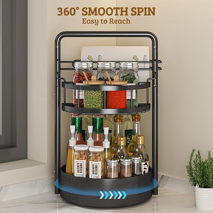 Rotating Spice Rack with Paper Towel Holder, Black | 2 Tier Turntable Lazy Susan, Durable Iron, Seasoning Organizer, For Kitchen Countertop - Image 5