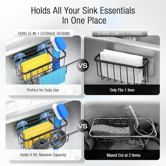 3-in-1 Kitchen Sink Caddy Organizer with Sponge Holder, Brush Holder, Extra Rack for Scrubber, Sink Stopper, Dish Cloth Hanger - Strong Dual Suction Cup, 2.0mm SUS304 Stainless Steel - Black - Image 3