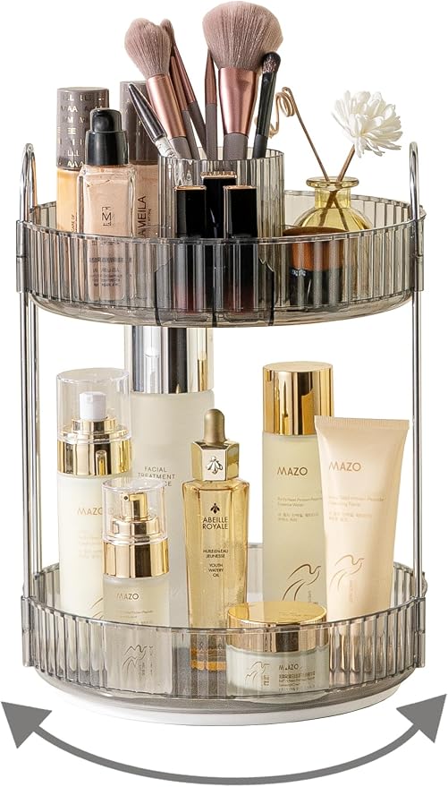 Asayuee 360 Rotating Makeup Organizer,2 Tier Large Capacity Make Up Organizers and Storage,Skincare Perfume Vanity Organizers,Bathroom Cosmetics Storage Organizer Countertop(Grey) by Asayuee